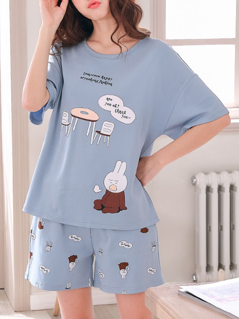 Leuke Losse Tweedelige Pyjamaset Met Korte Mouwen Met Cartoonprint Voor Dames