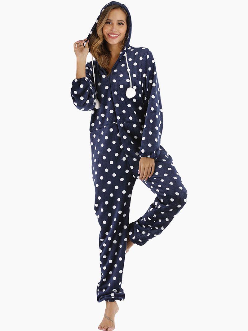 Marineblauwe Polkadot Hoodie Met Rits Aan De Voorkant En Casual Pyjamaset