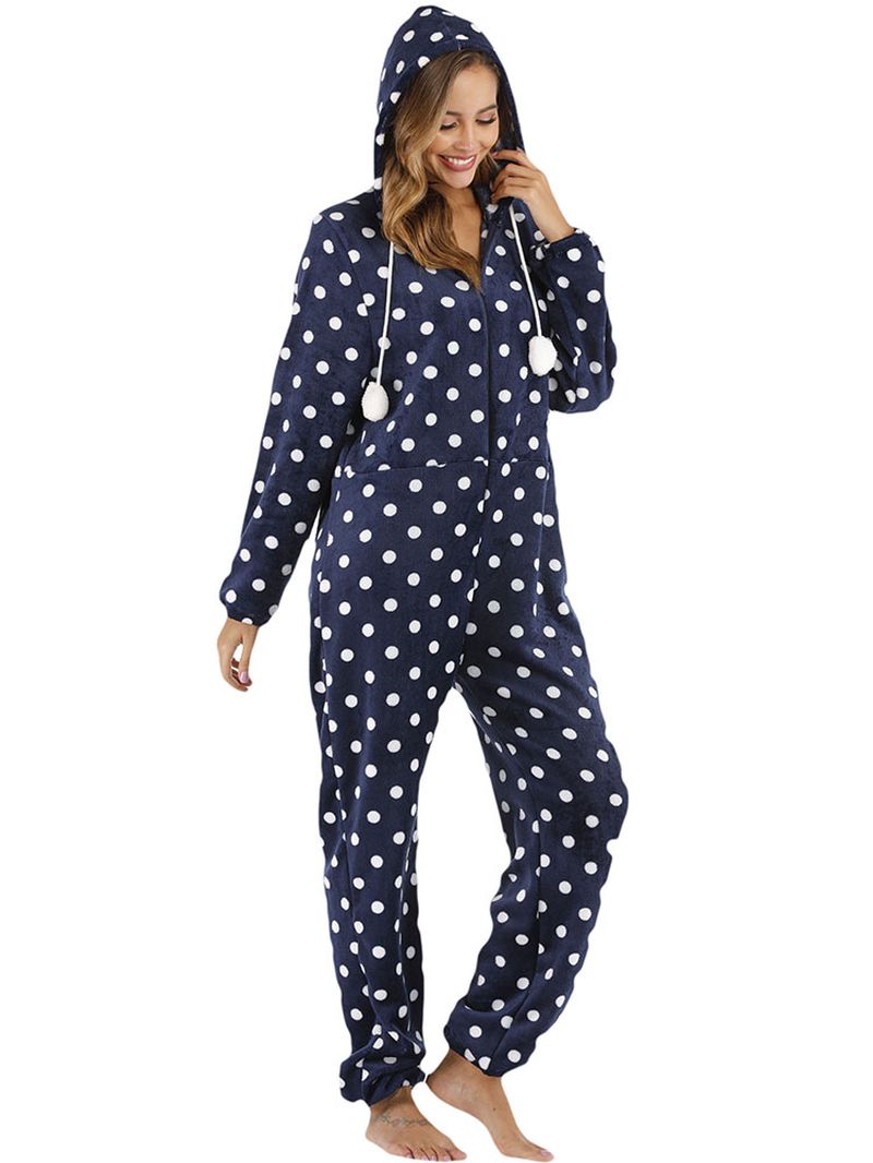 Marineblauwe Polkadot Hoodie Met Rits Aan De Voorkant En Casual Pyjamaset