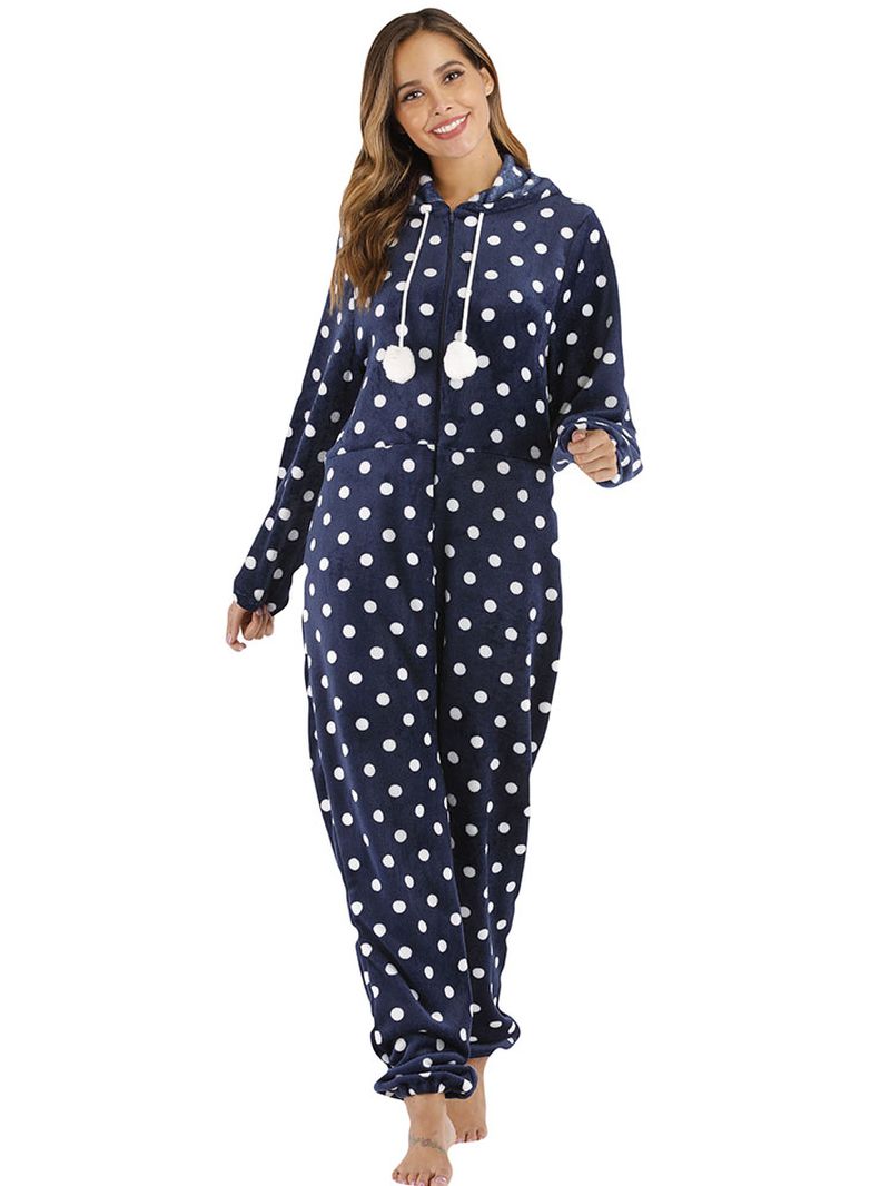 Marineblauwe Polkadot Hoodie Met Rits Aan De Voorkant En Casual Pyjamaset