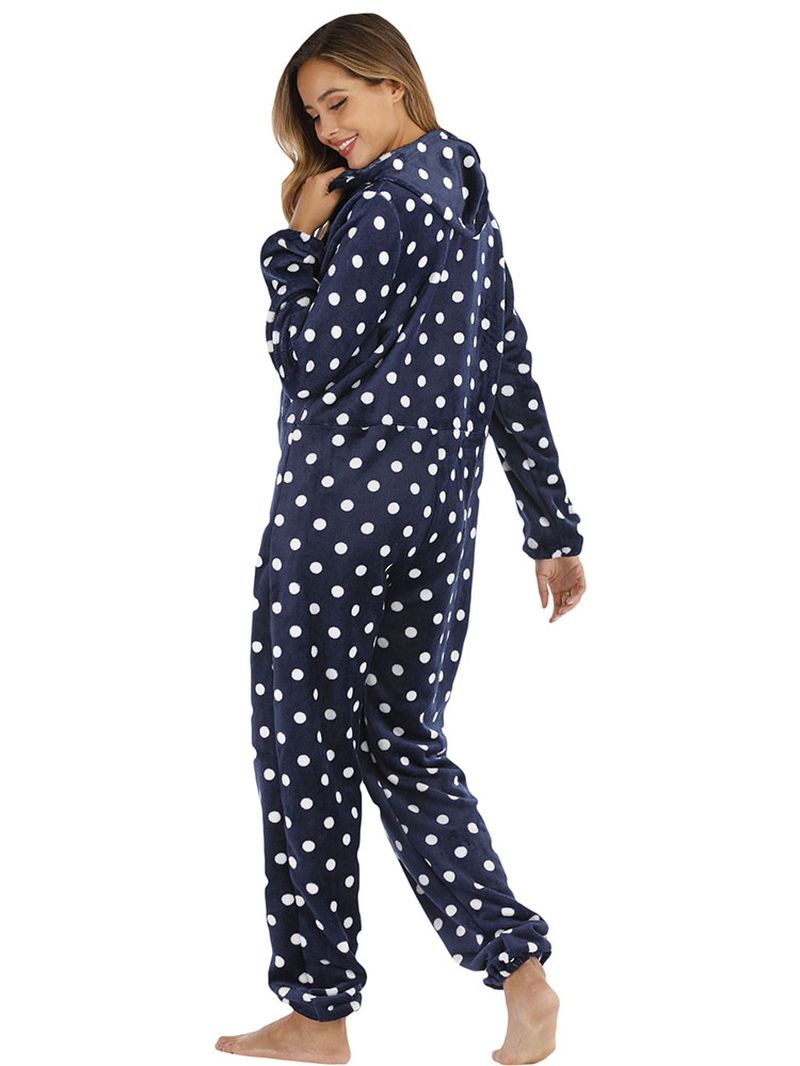 Marineblauwe Polkadot Hoodie Met Rits Aan De Voorkant En Casual Pyjamaset