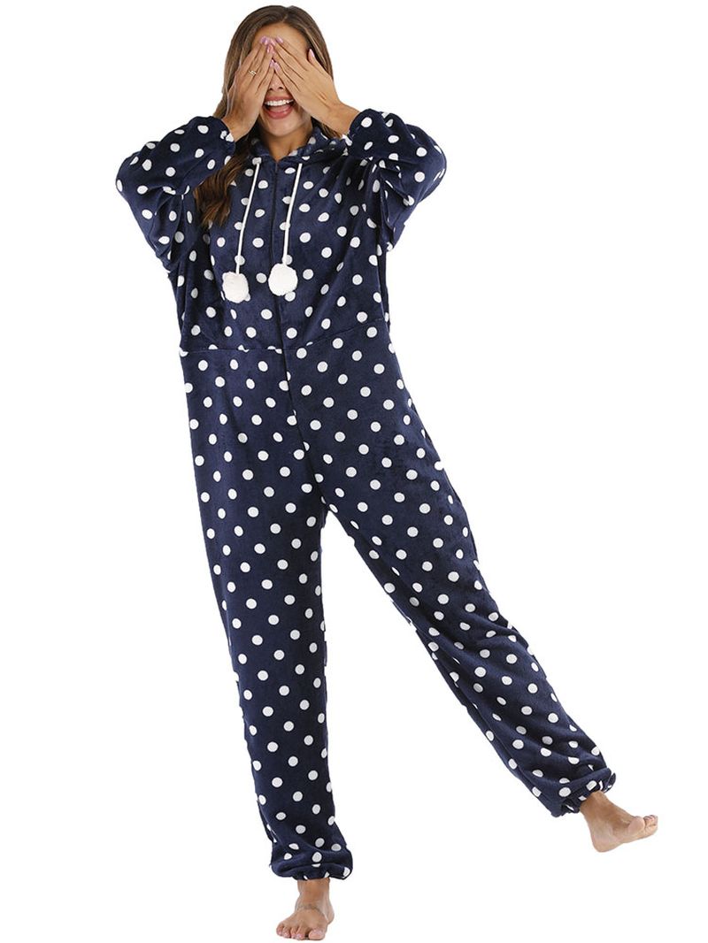 Marineblauwe Polkadot Hoodie Met Rits Aan De Voorkant En Casual Pyjamaset