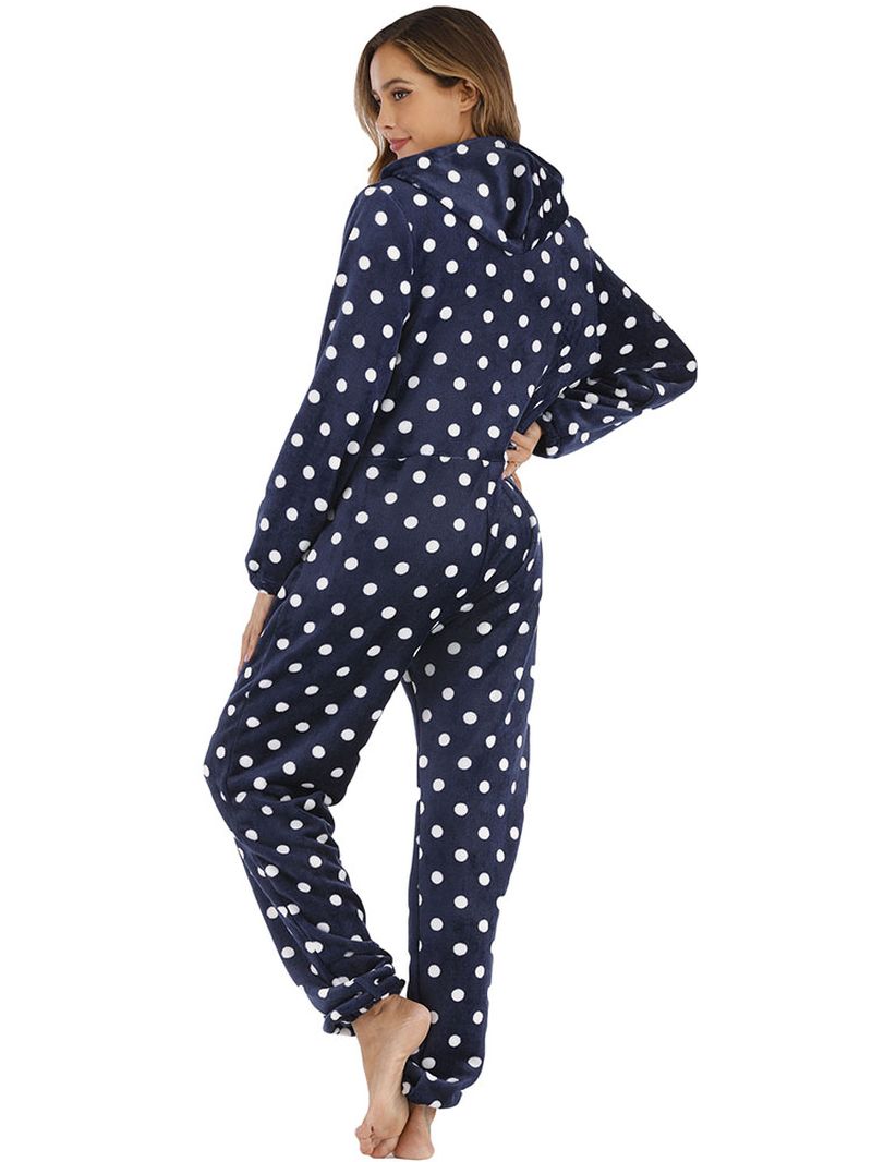 Marineblauwe Polkadot Hoodie Met Rits Aan De Voorkant En Casual Pyjamaset