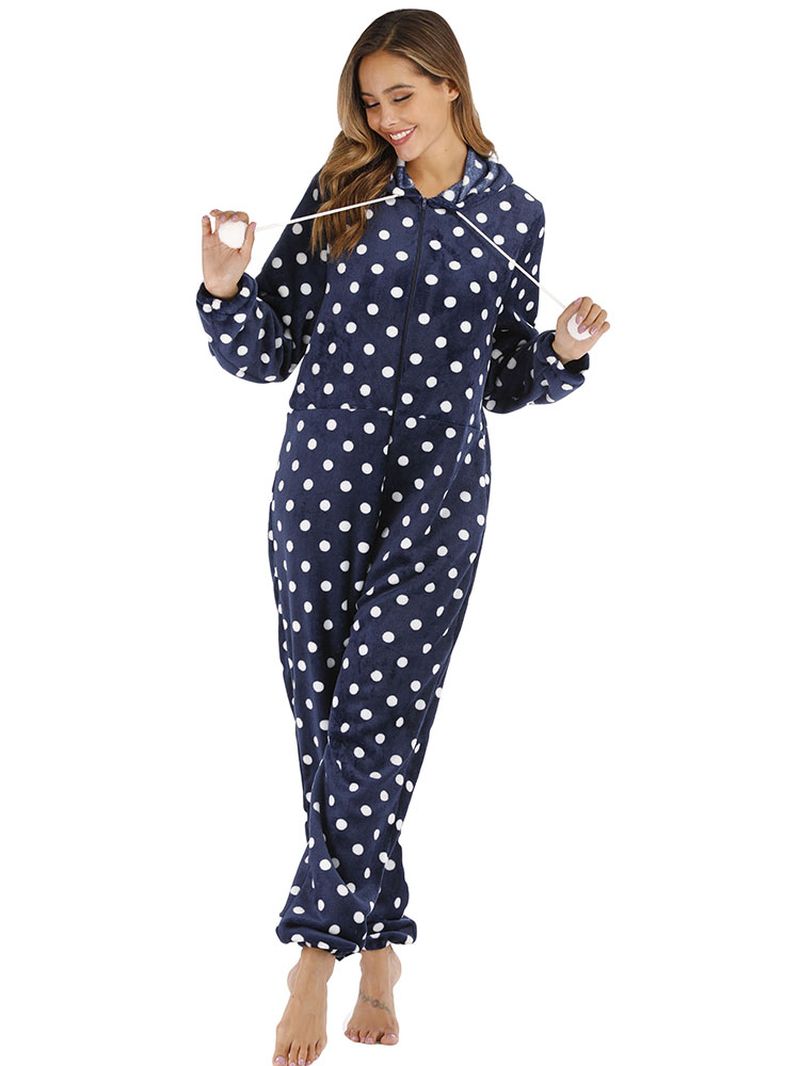 Marineblauwe Polkadot Hoodie Met Rits Aan De Voorkant En Casual Pyjamaset