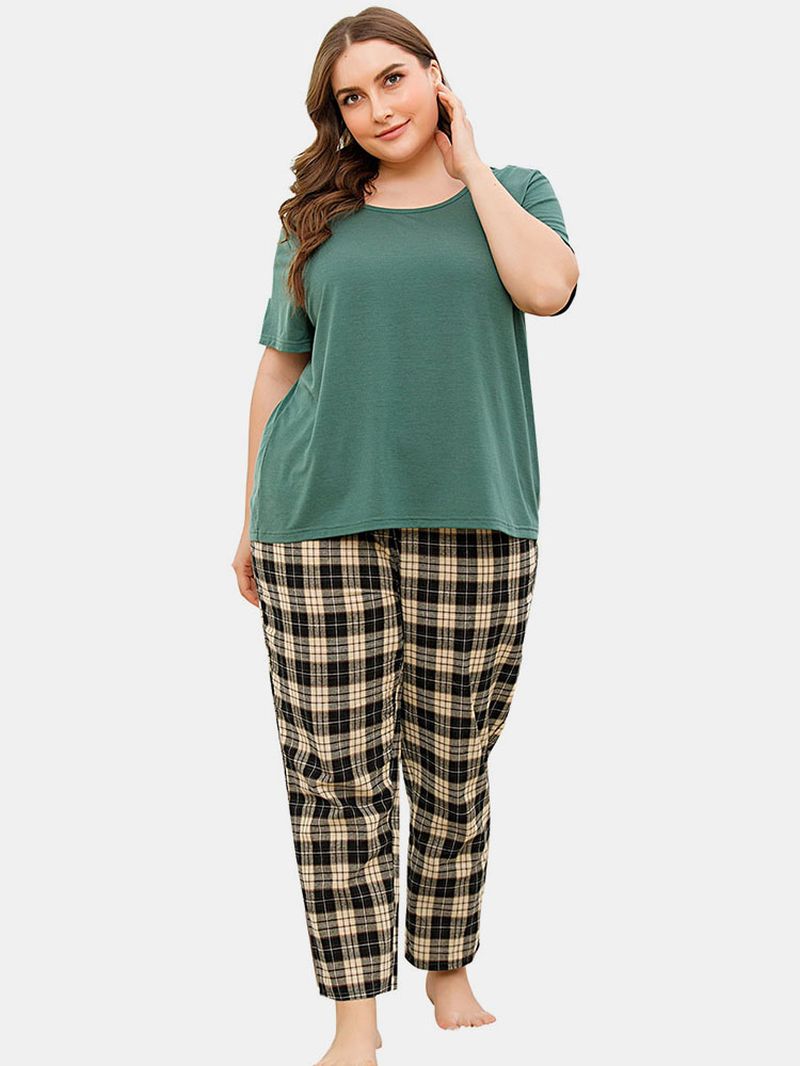 Plus Size Dames Effen Kleur Korte Mouw Top Geruite Print Tweedelig Huis Pyjama Set