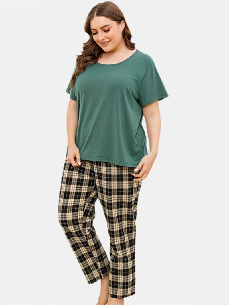 Plus Size Dames Effen Kleur Korte Mouw Top Geruite Print Tweedelig Huis Pyjama Set