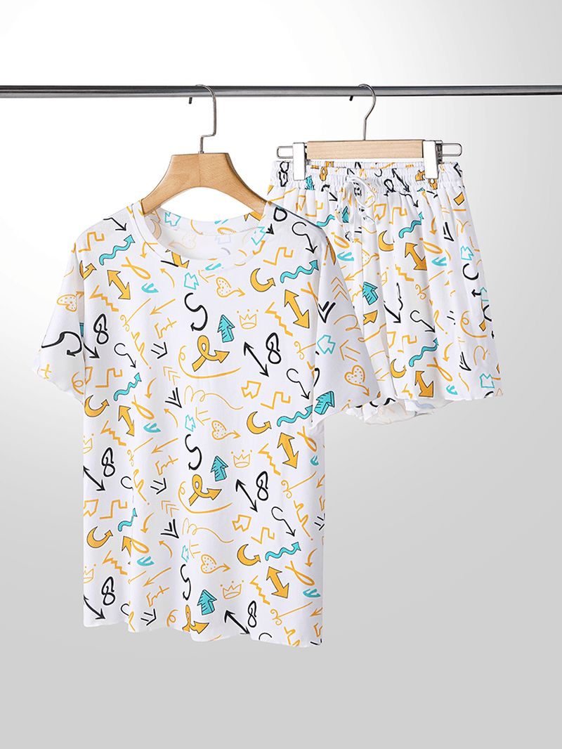 Plus Size Dames Graffiti Print Korte Mouwen Trekkoord Casual Pyjama Set