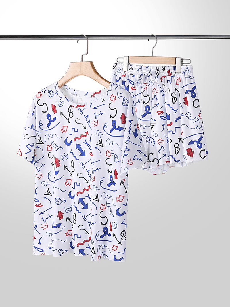 Plus Size Dames Graffiti Print Korte Mouwen Trekkoord Casual Pyjama Set