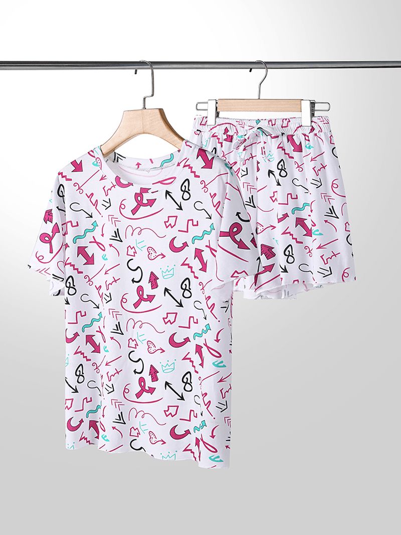 Plus Size Dames Graffiti Print Korte Mouwen Trekkoord Casual Pyjama Set