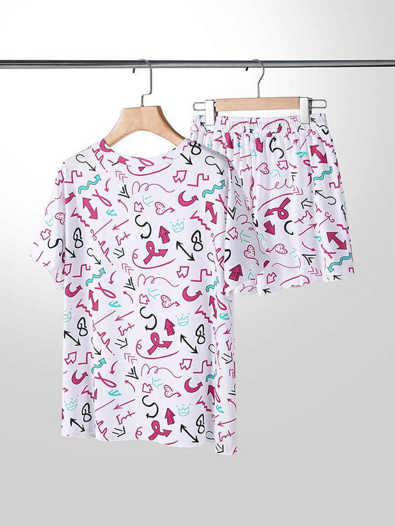 Plus Size Dames Graffiti Print Korte Mouwen Trekkoord Casual Pyjama Set