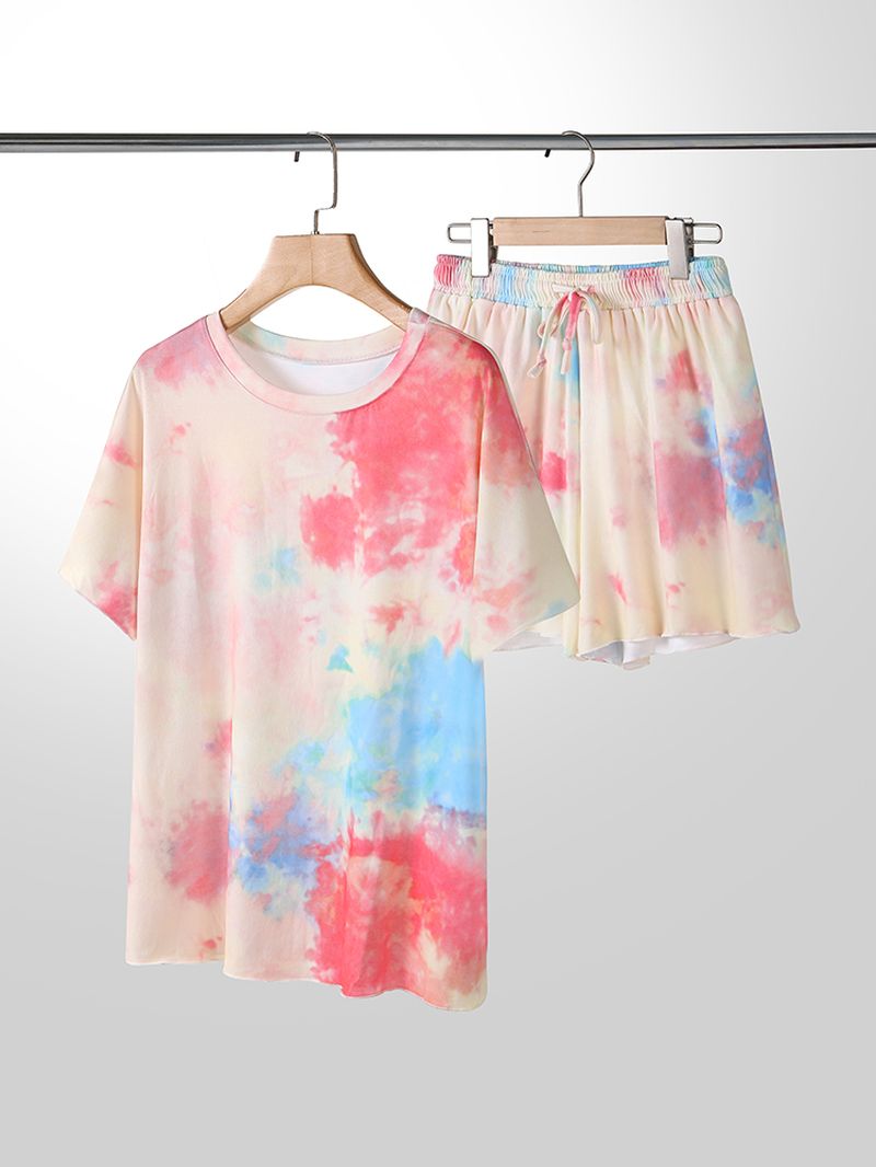 Plus Size Dames Tie-dye Pyjamaset Met Korte Mouwen En Trekkoord