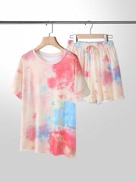 Plus Size Dames Tie-dye Pyjamaset Met Korte Mouwen En Trekkoord