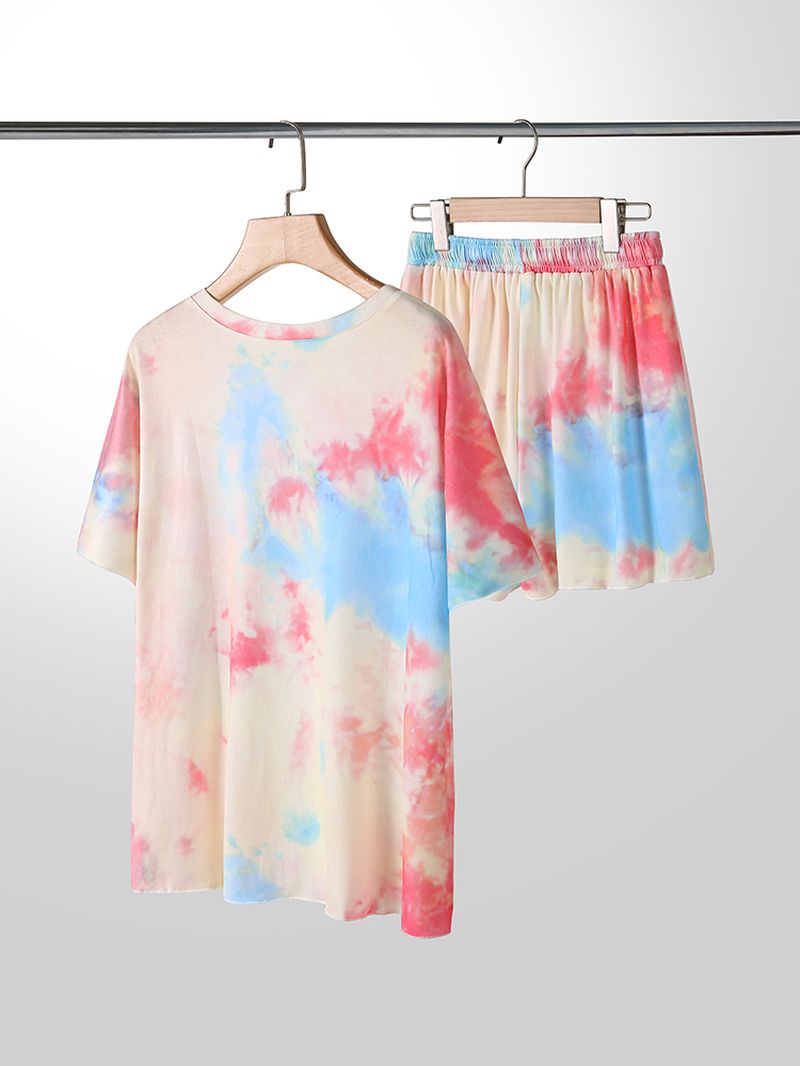 Plus Size Dames Tie-dye Pyjamaset Met Korte Mouwen En Trekkoord