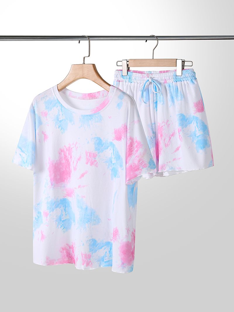 Plus Size Dames Tie-dye Pyjamaset Met Korte Mouwen En Trekkoord