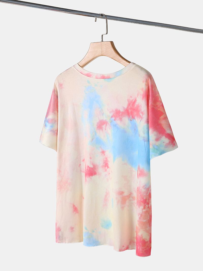 Plus Size Dames Tie-dye Pyjamaset Met Korte Mouwen En Trekkoord