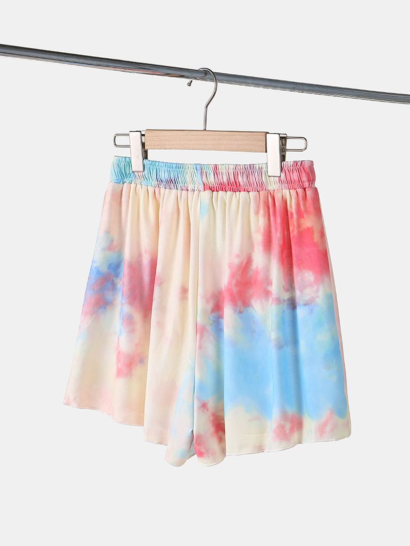 Plus Size Dames Tie-dye Pyjamaset Met Korte Mouwen En Trekkoord