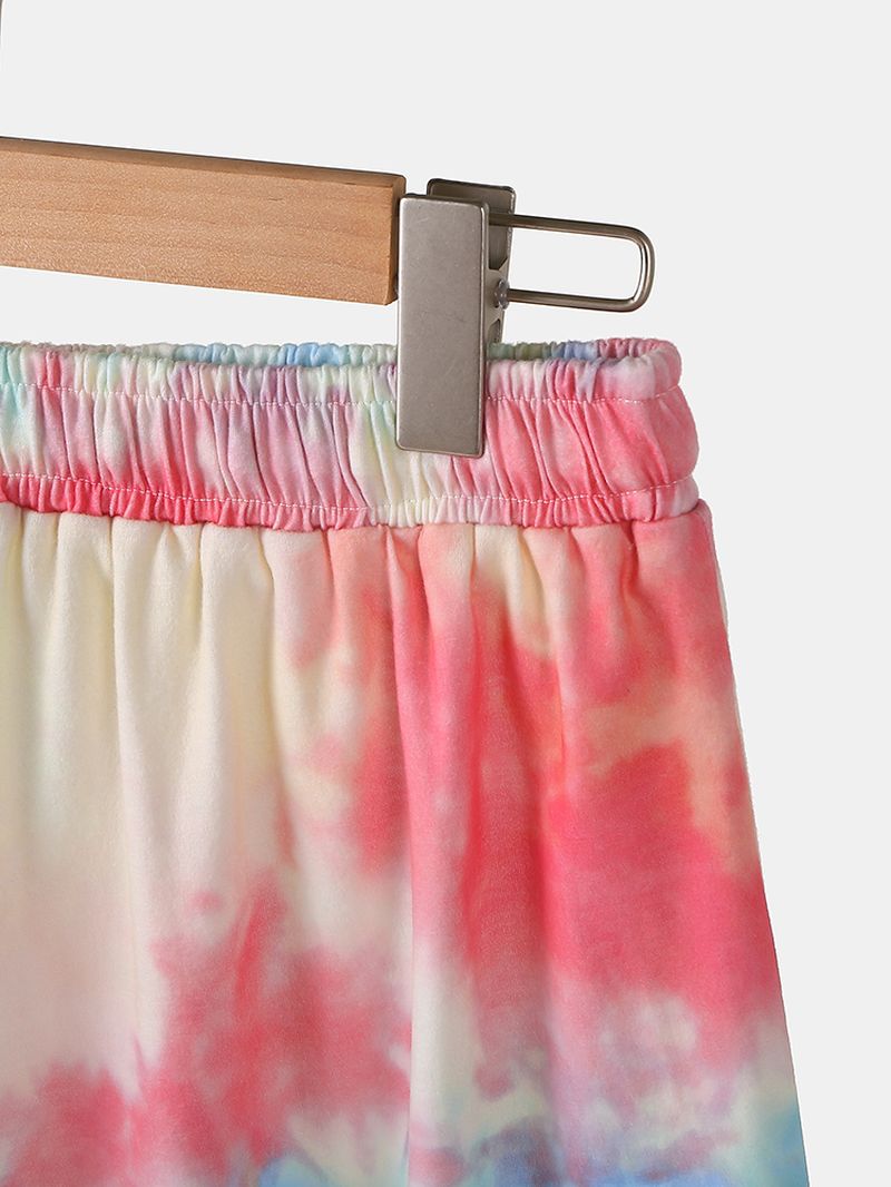 Plus Size Dames Tie-dye Pyjamaset Met Korte Mouwen En Trekkoord