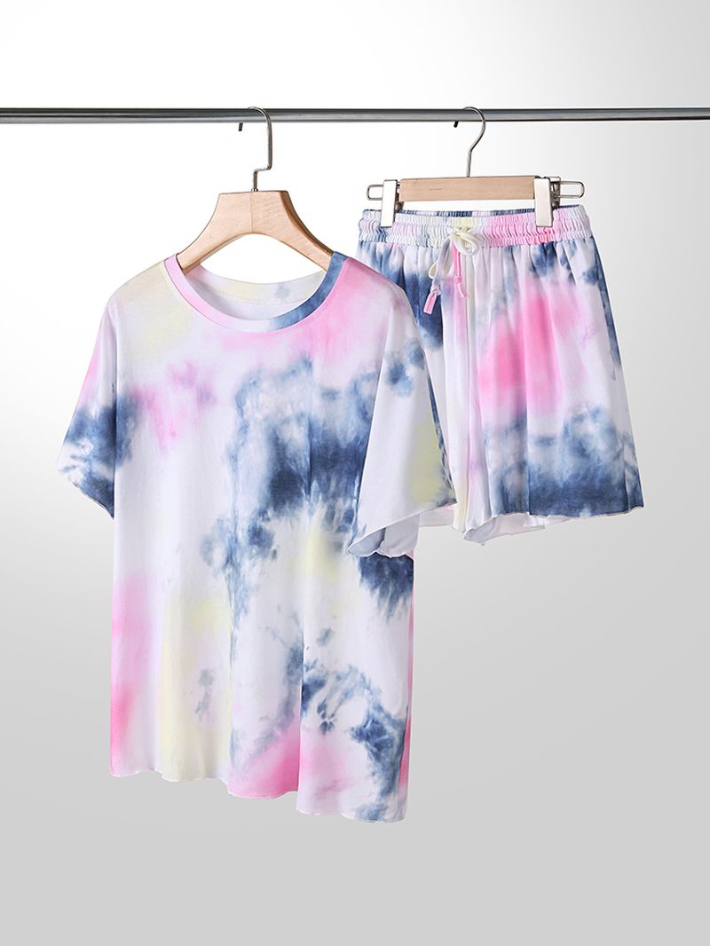 Plus Size Dames Tie-dye Pyjamaset Met Korte Mouwen En Trekkoord