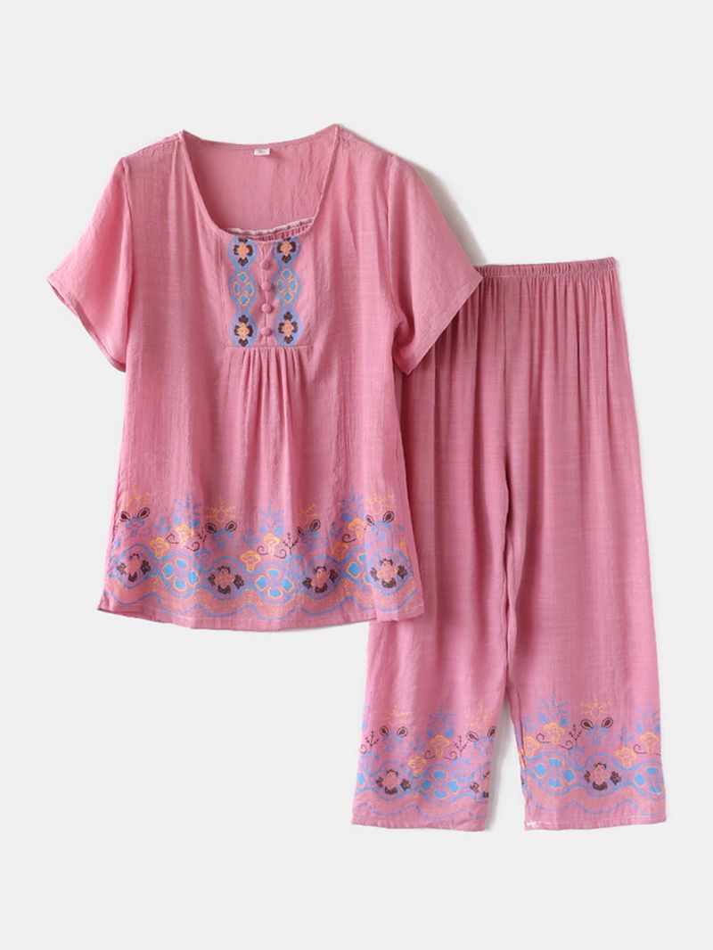 Plus Size Dames Vintage Print Loungewear Gezellige Losse Pyjama's