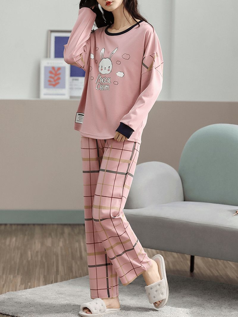 Plus Size Vrouwen Cartoon Animal Print Plaid Broek Thuis Casual Pyjama Sets