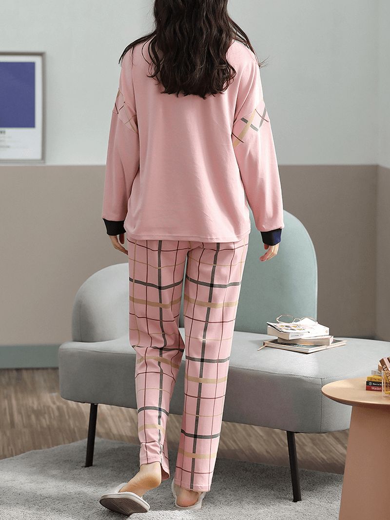 Plus Size Vrouwen Cartoon Animal Print Plaid Broek Thuis Casual Pyjama Sets