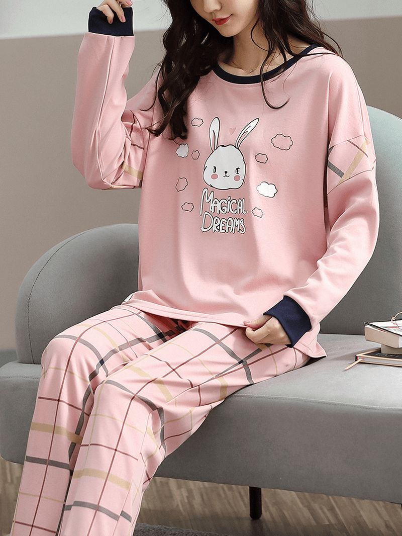 Plus Size Vrouwen Cartoon Animal Print Plaid Broek Thuis Casual Pyjama Sets