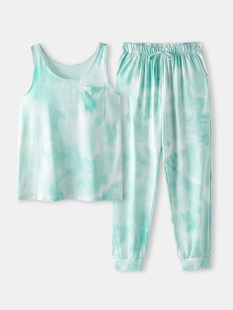 Tie Dye Print Sport Loungewear Set Tank Top Beam Feet Mouwloze Tweedelige Set