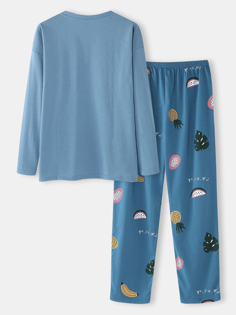 Vrouwen Cartoon Fruit Print O-hals Losse Broek Katoen Plus Size Thuis Pyjama Sets