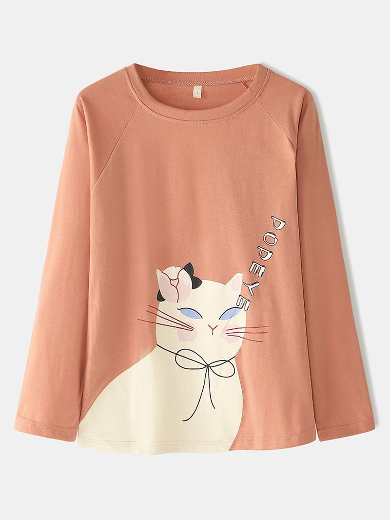 Vrouwen Cartoon Kat Effen Kleur Elastische Taille Losse Broek Thuis Pyjama Set