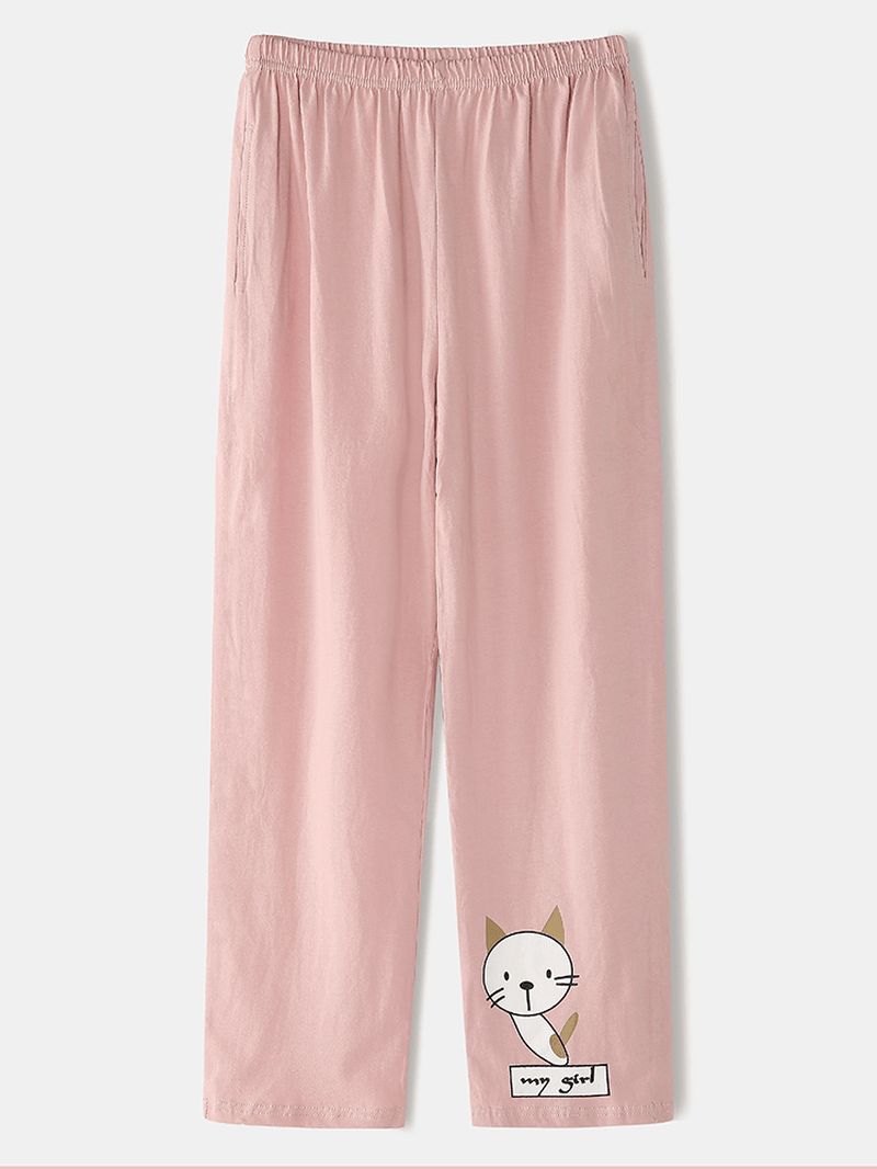 Vrouwen Cartoon Kat Print Lange Mouw Trui Elastische Taille Pocket Broek Roze Thuis Pyjama Set