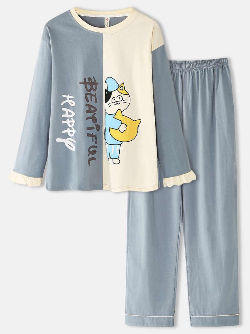 Vrouwen Cartoon Kat Print Tweekleurige Patchwork Elastische Taille Pocket Broek Thuis Pyjama Set