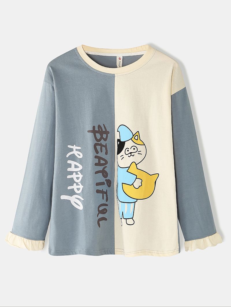 Vrouwen Cartoon Kat Print Tweekleurige Patchwork Elastische Taille Pocket Broek Thuis Pyjama Set