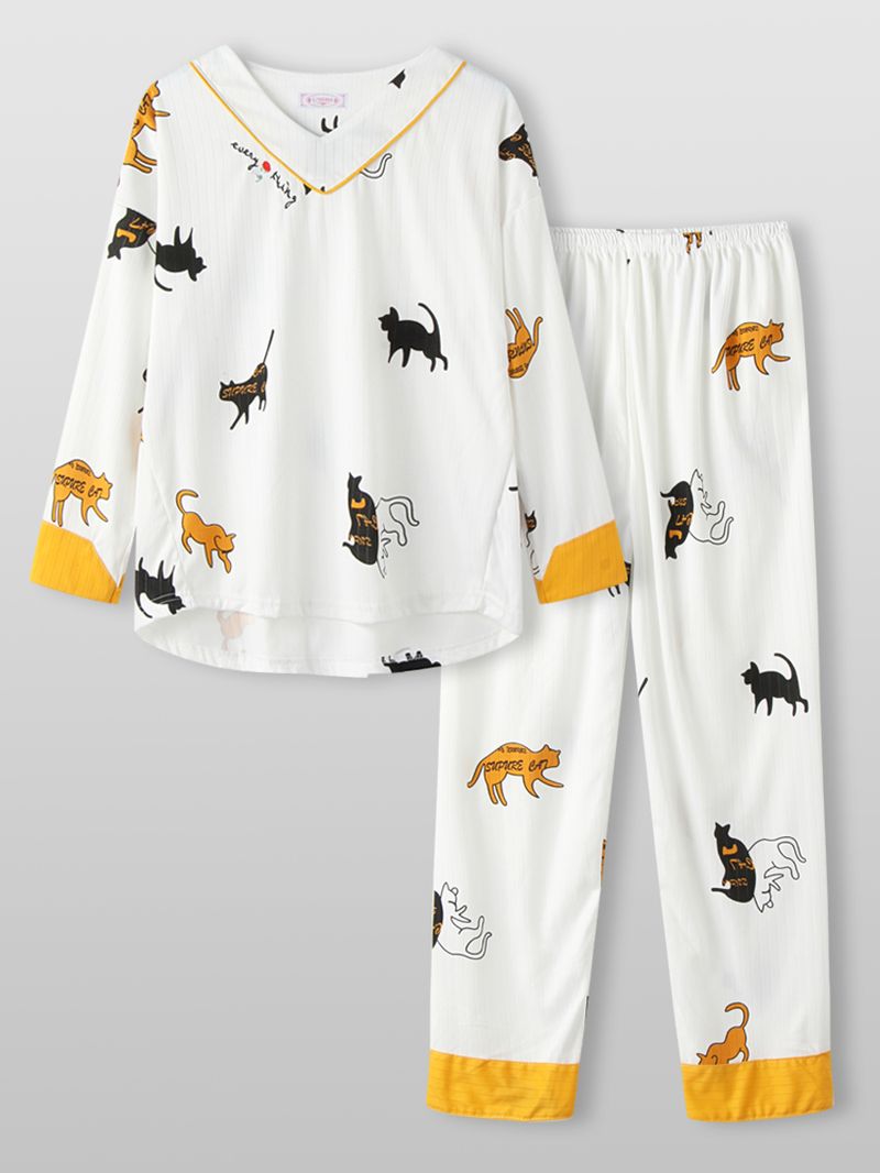 Vrouwen Cartoon Kat Print V-hals Lange Mouw Losse Lounge Thuis Tweedelige Pyjama Sets