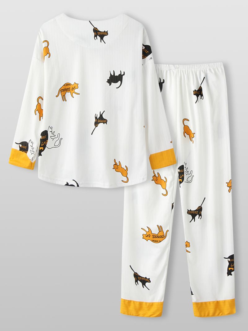 Vrouwen Cartoon Kat Print V-hals Lange Mouw Losse Lounge Thuis Tweedelige Pyjama Sets