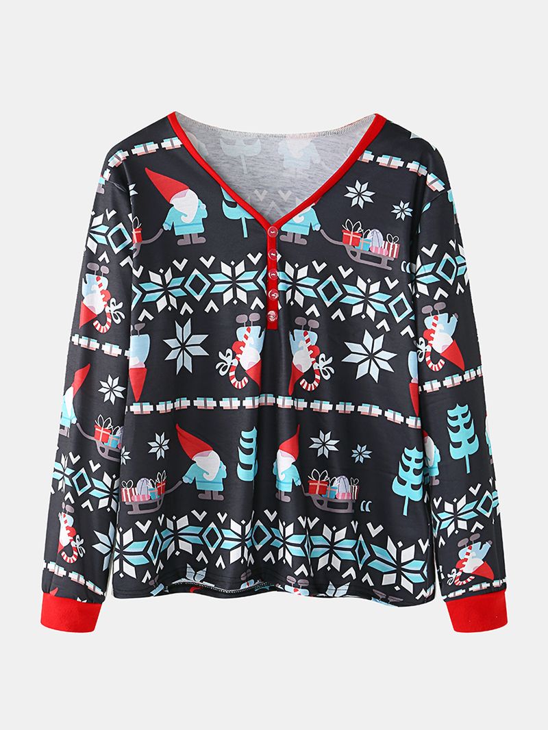 Vrouwen Cartoon Kerstman Print V-hals Lange Mouw Trui Losse Joggerbroek Kerst Thuis Pyjama Set