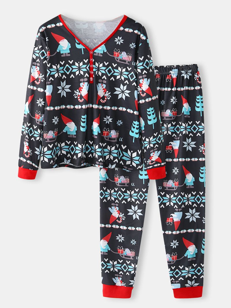 Vrouwen Cartoon Kerstman Print V-hals Lange Mouw Trui Losse Joggerbroek Kerst Thuis Pyjama Set