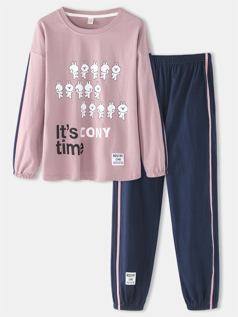 Vrouwen Cartoon Konijnen Print Lange Mouw Elastische Taille Jogger Pannts Thuis Katoenen Pyjama Sets