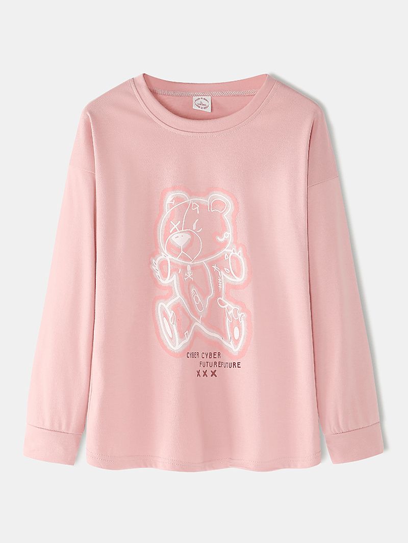 Vrouwen Cartoon Print Roze Trui Elastische Taille Zak Thuis Casual Pyjama