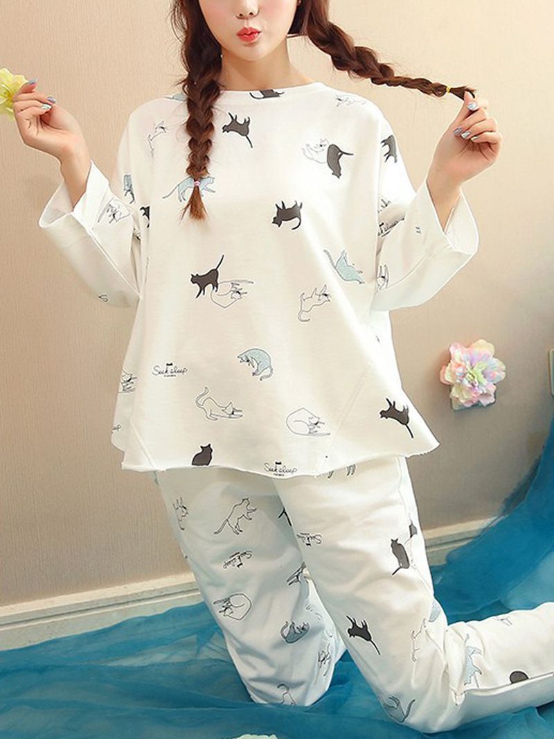 Vrouwen Grappige Cartoon Kat Print Ronde Hals Zak Lange Mouw Thuis Pyjama Set