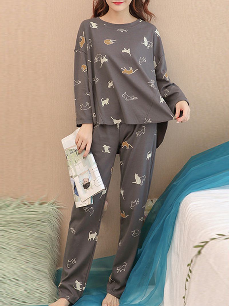 Vrouwen Grappige Cartoon Kat Print Ronde Hals Zak Lange Mouw Thuis Pyjama Set