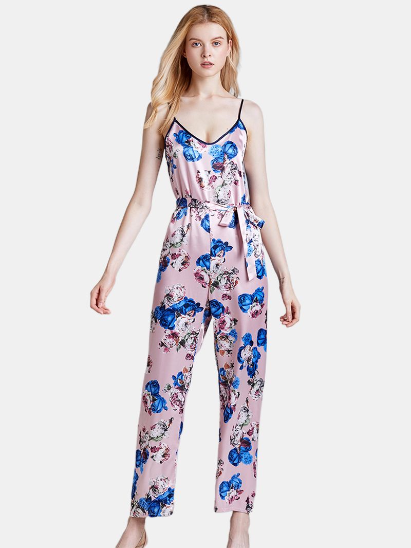 Zijden Mouwloze Jumpsuits Lange Broek Flora Bedrukt Nachtkleding