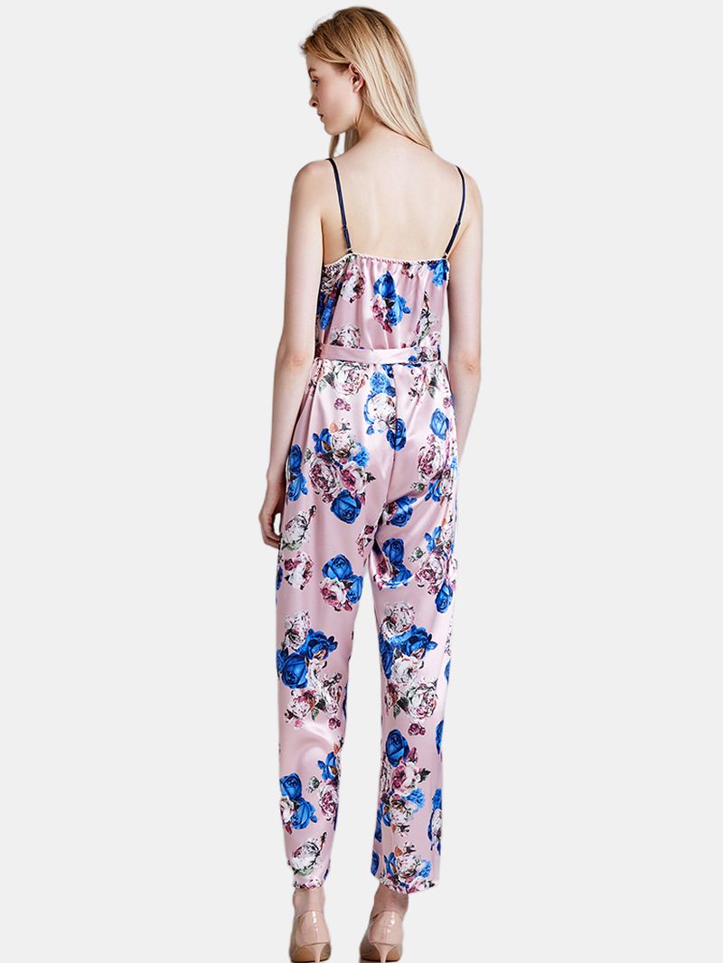 Zijden Mouwloze Jumpsuits Lange Broek Flora Bedrukt Nachtkleding