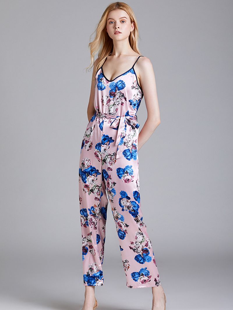 Zijden Mouwloze Jumpsuits Lange Broek Flora Bedrukt Nachtkleding