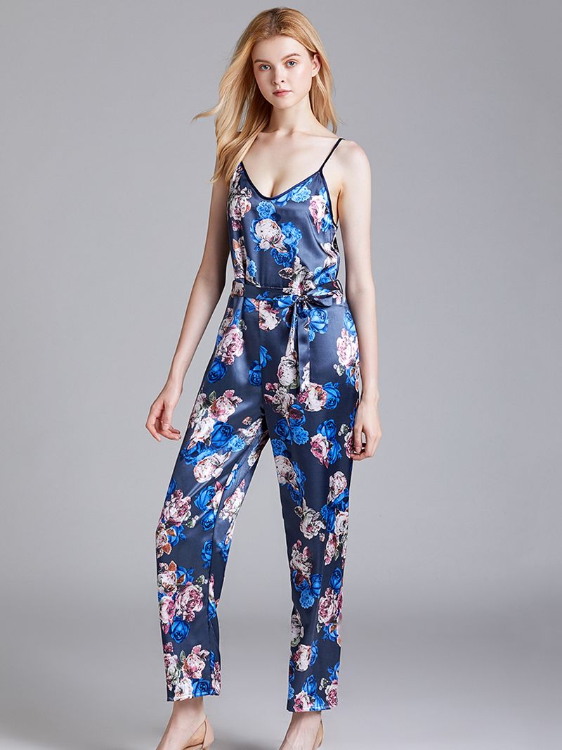 Zijden Mouwloze Jumpsuits Lange Broek Flora Bedrukt Nachtkleding