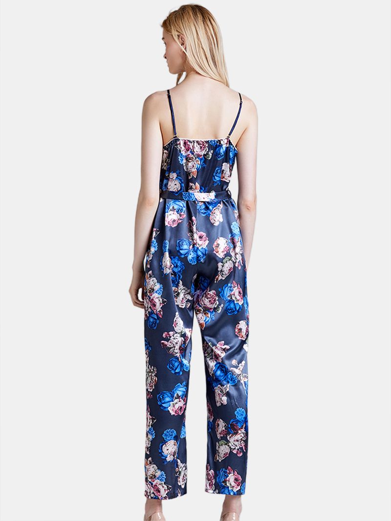 Zijden Mouwloze Jumpsuits Lange Broek Flora Bedrukt Nachtkleding