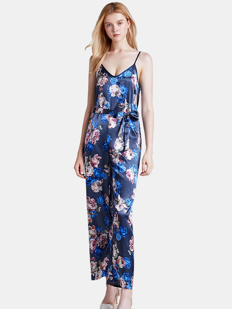 Zijden Mouwloze Jumpsuits Lange Broek Flora Bedrukt Nachtkleding