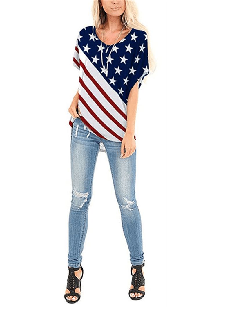 Amerikaanse Vlag Star Print Independence Day Ronde Hals Dames Casual T-shirts Voor Dames