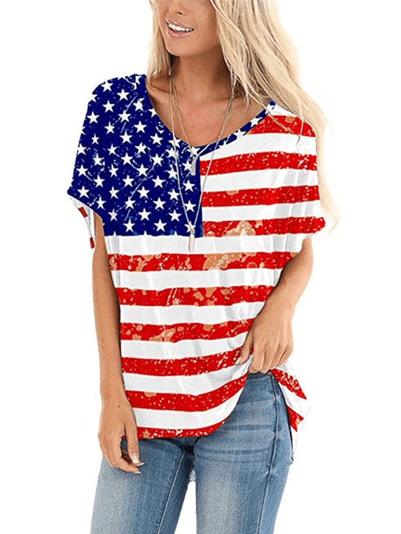 Amerikaanse Vlag Star Print Independence Day Ronde Hals Dames Casual T-shirts Voor Dames