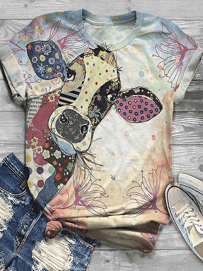 Cartoon Animal Giraffe Print Grappige O-hals Korte Mouw Vrouwen Casual T-shirts