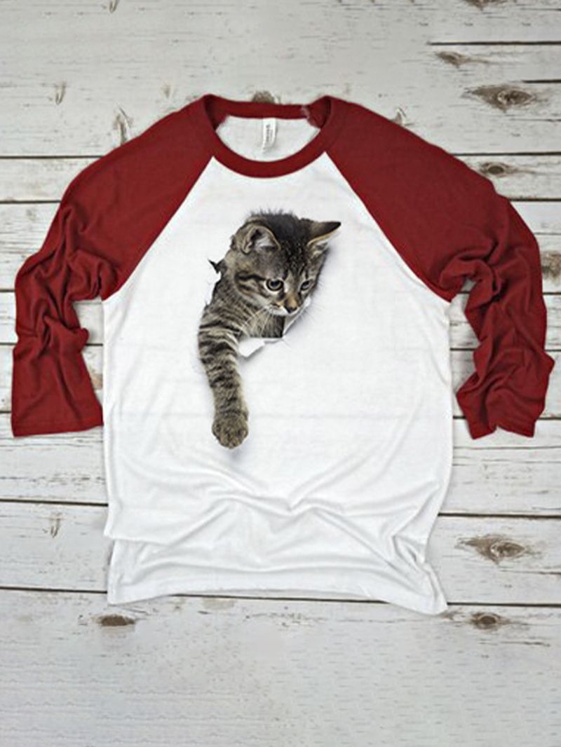 Cute Kat Print Raglanmouwen O-hals Casual T-shirt Voor Dames